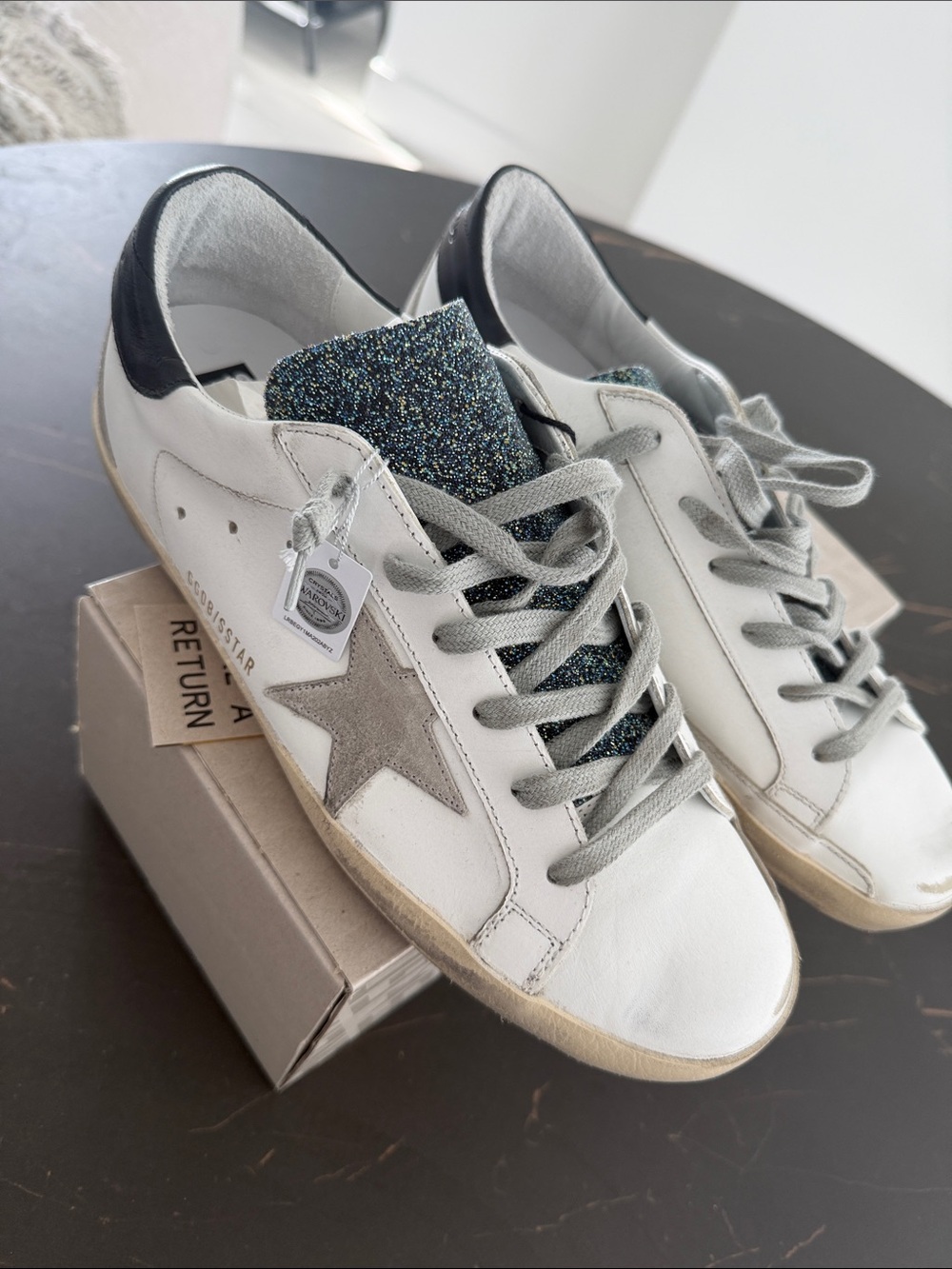 Swarovski White Superstar Sneakers with Gray Star and Glitter Heel